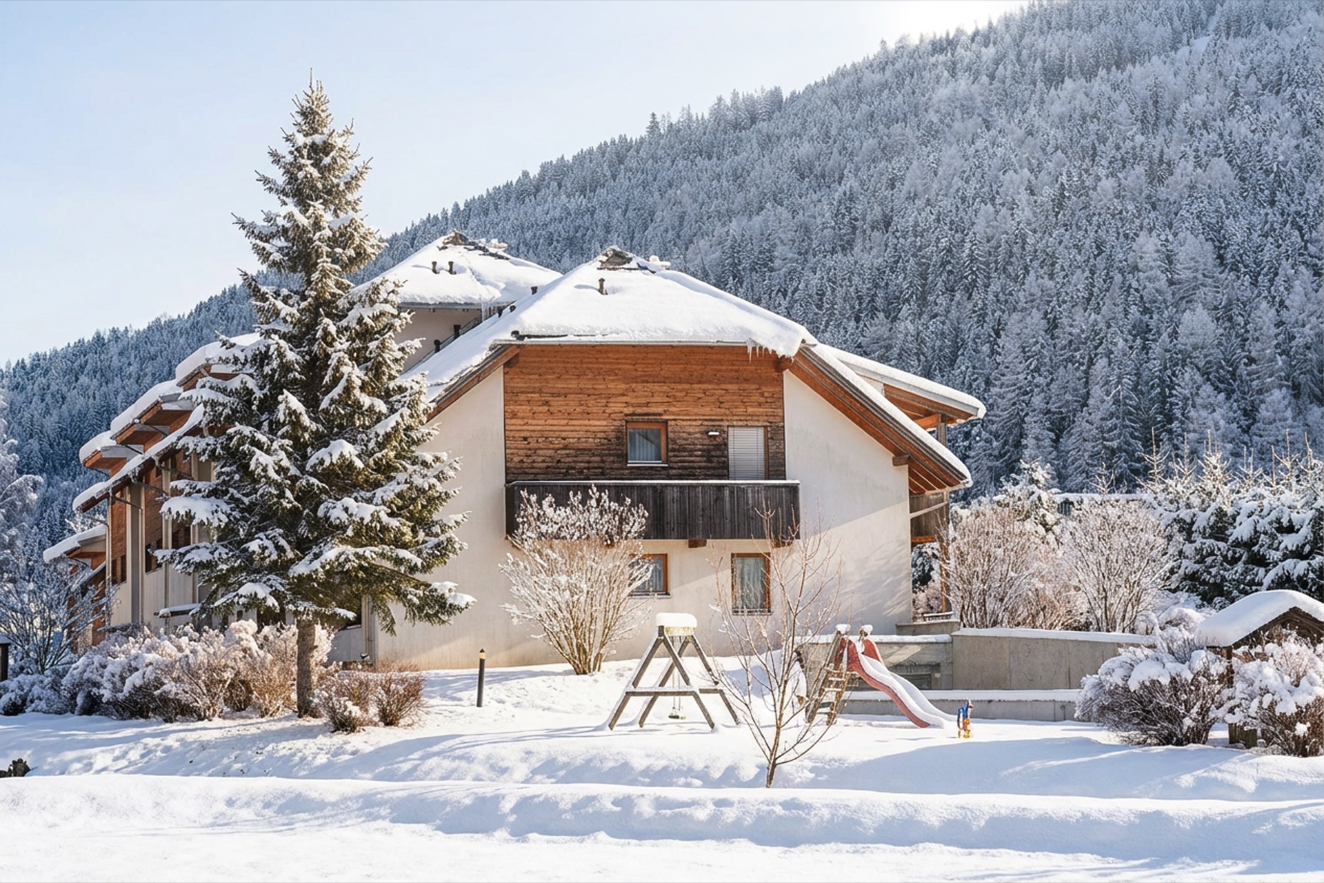 Außenansicht des Wohnhauses der Ferienwohnung Holländer im Winter mit Schnee, großem Tannenbaum und verschneitem Bergpanorama in Kärnten – Außenfotografie Ferienwohnung Winter